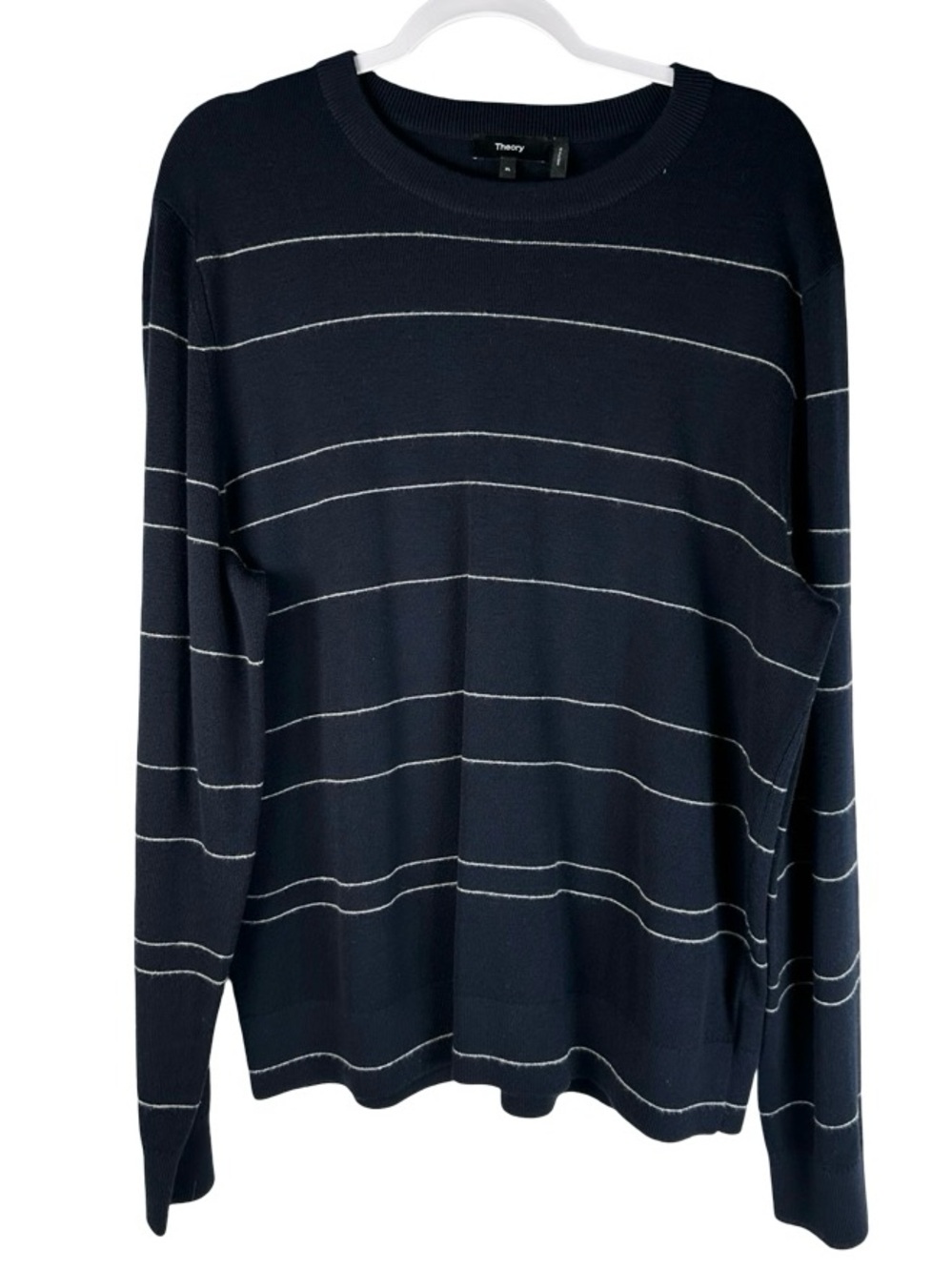 Theory Navy Blue Striped Knit Merino Wool Crewneck Kenny Sweater Men’s Size XL